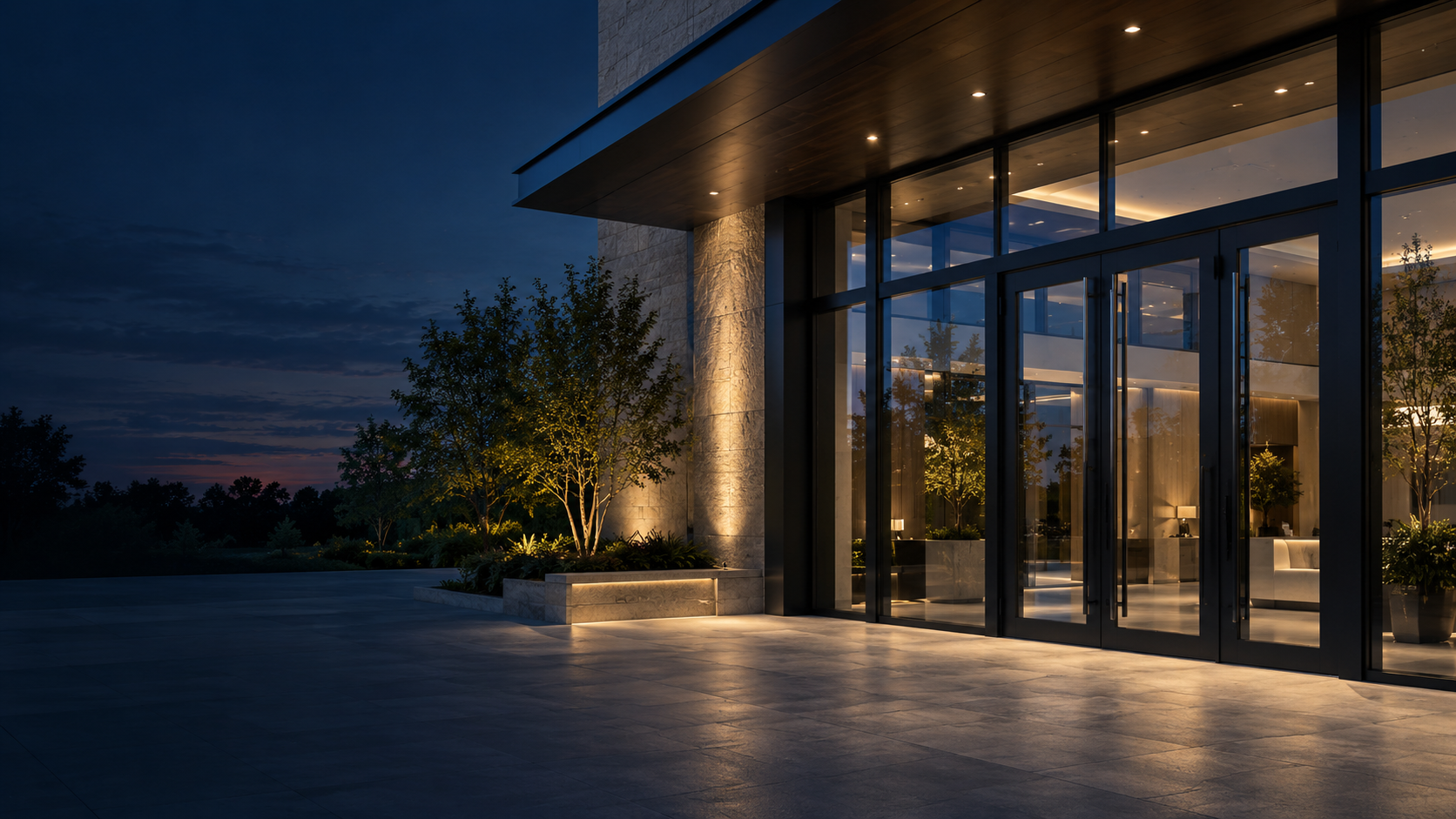 Secure modern glass entrance protected by Diamond Defense