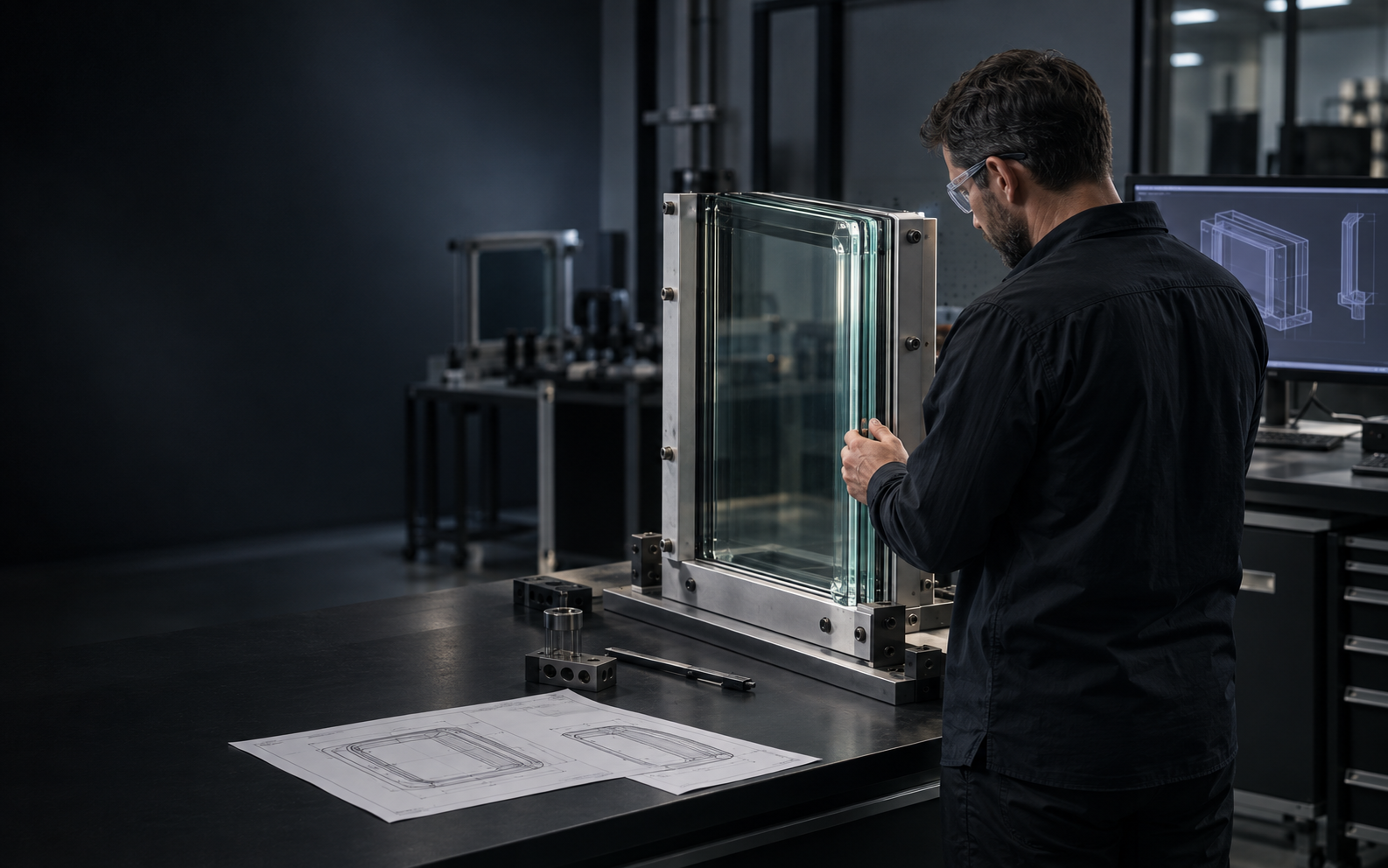 Engineer evaluating a custom protective glass assembly