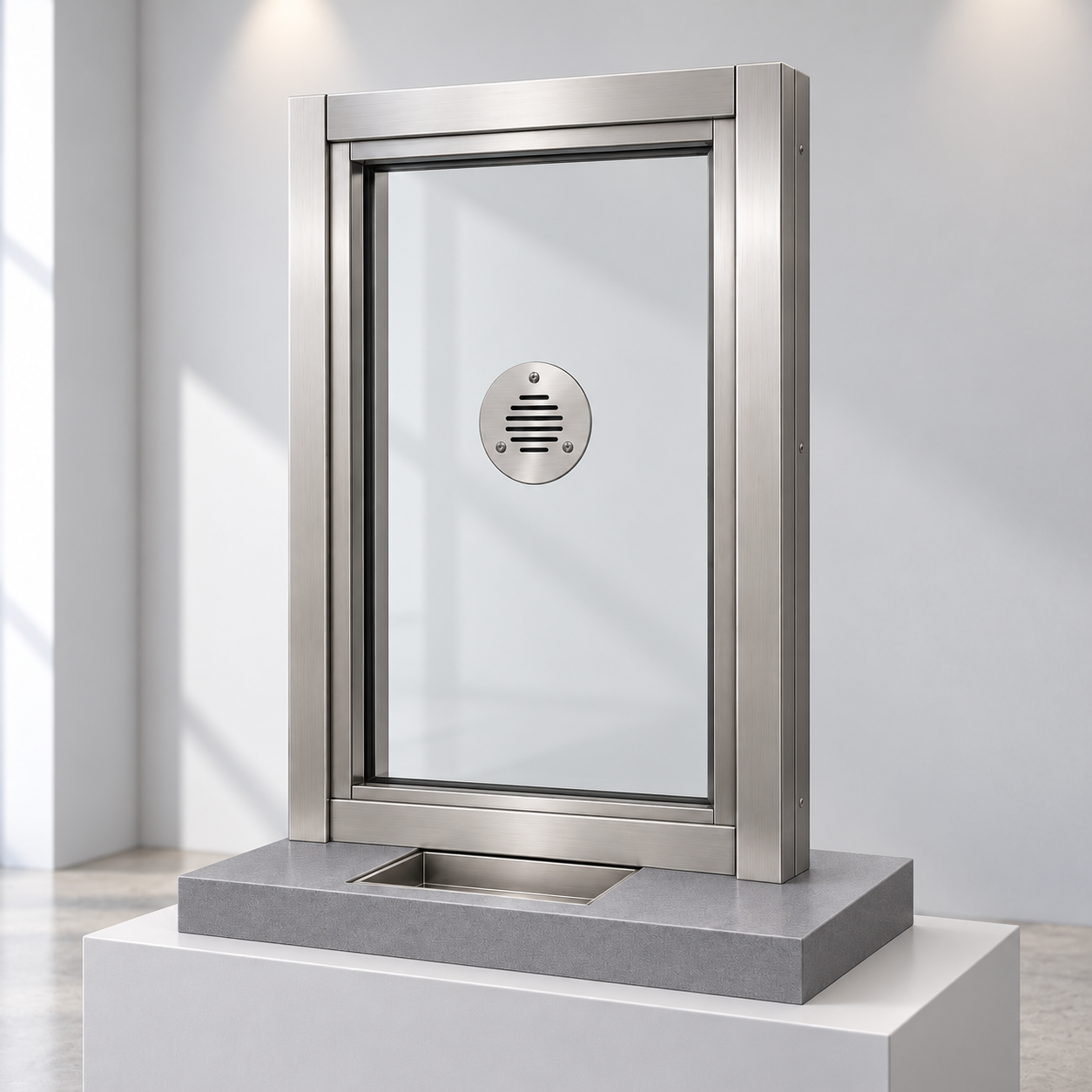 Bullet-resistant transaction window with powered intercom, laminated shelf, and stainless pass-through tray