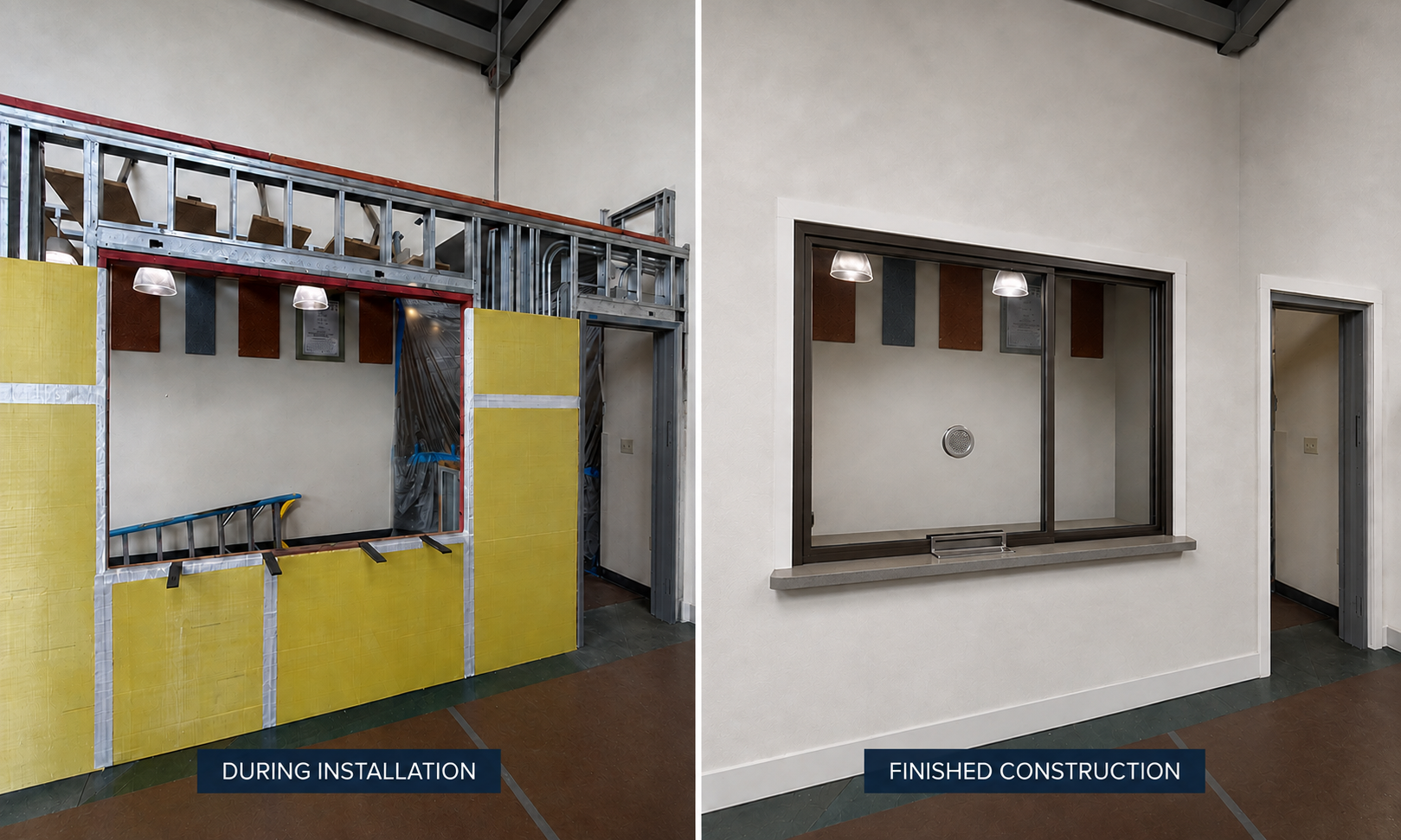 Ballistic wall panel installation and finished construction comparison
